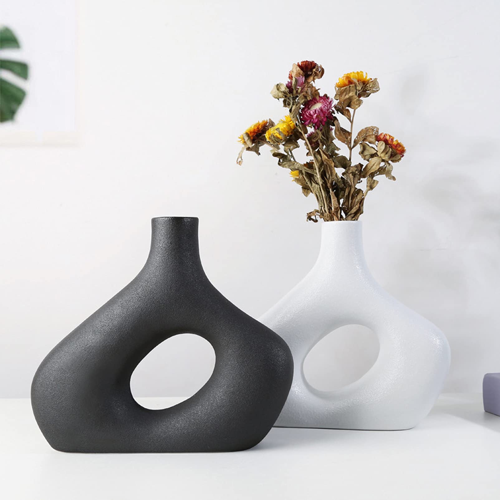 Keramik Blumenvasen,Vase für Pampasgras Schwarz Weiß Matt,Handmade Vasen Hochzeit Tischdeko,Deko Wohnzimmer Moderne Kreative Hohles Design,für Home Office Dekoration (Set of 2)