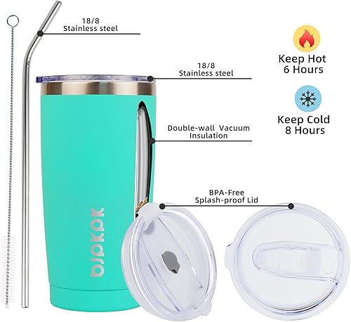 Miniatura 2 de BJPKPK Vaso térmico con tapa y pajita, de 20 onzas, para bebidas frías y calientes, turquesa