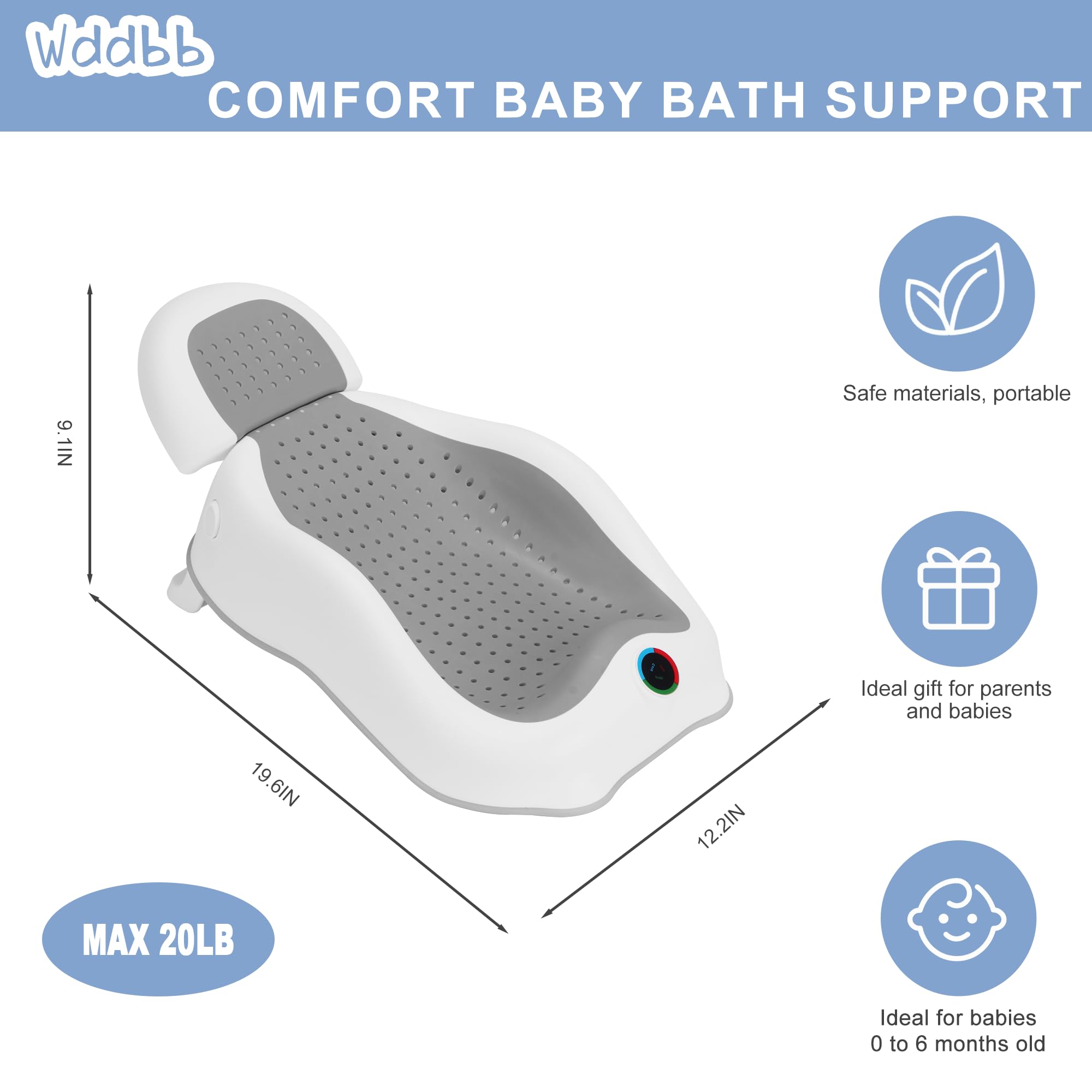 Soporte de baño para bebé, ideal para bebés menores de 6 meses, con termómetro, bañera de pendiente ajustable para recién nacidos, bañeras de bebé esenciales para recién nacidos (gris)