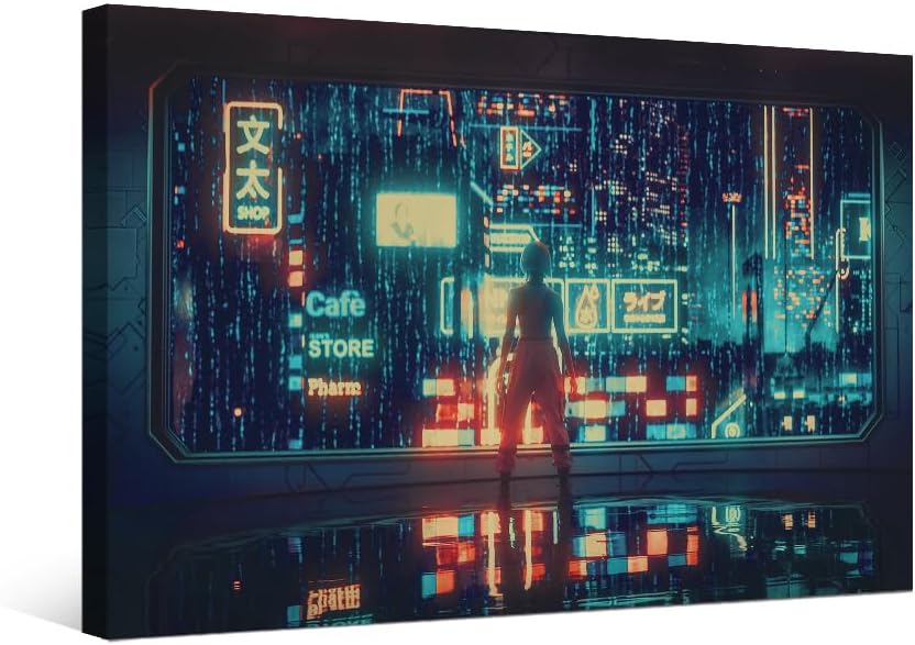 1 panel Retro Future Cyberpunk City Street - Lienzo decorativo para pared, impresión en lienzo Cyberpunk City Neon Streetview Night Modern Home