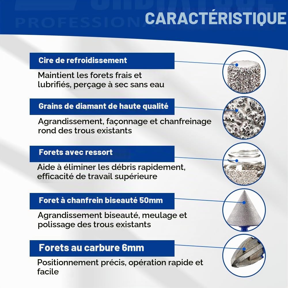 SHDIATOOL Forets Diamantés Kit Scie Cloche Diamantée 13 pièces(8pièces 6-100mm+50mm Forets pour Chanfrein+10mm Forets à Doigts+3pièces 6mm Trépan en Carbure) pour céramique, porcelaine, marbre, granit