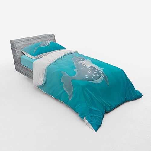 Miniatura 7 de Ambesonne Narwhal Bedding Set, Cartoon Style Drawing of an Arctic Narwhal Whale with White Spots Aquatic, 4 Piece Duvet Cover Set with Shams and