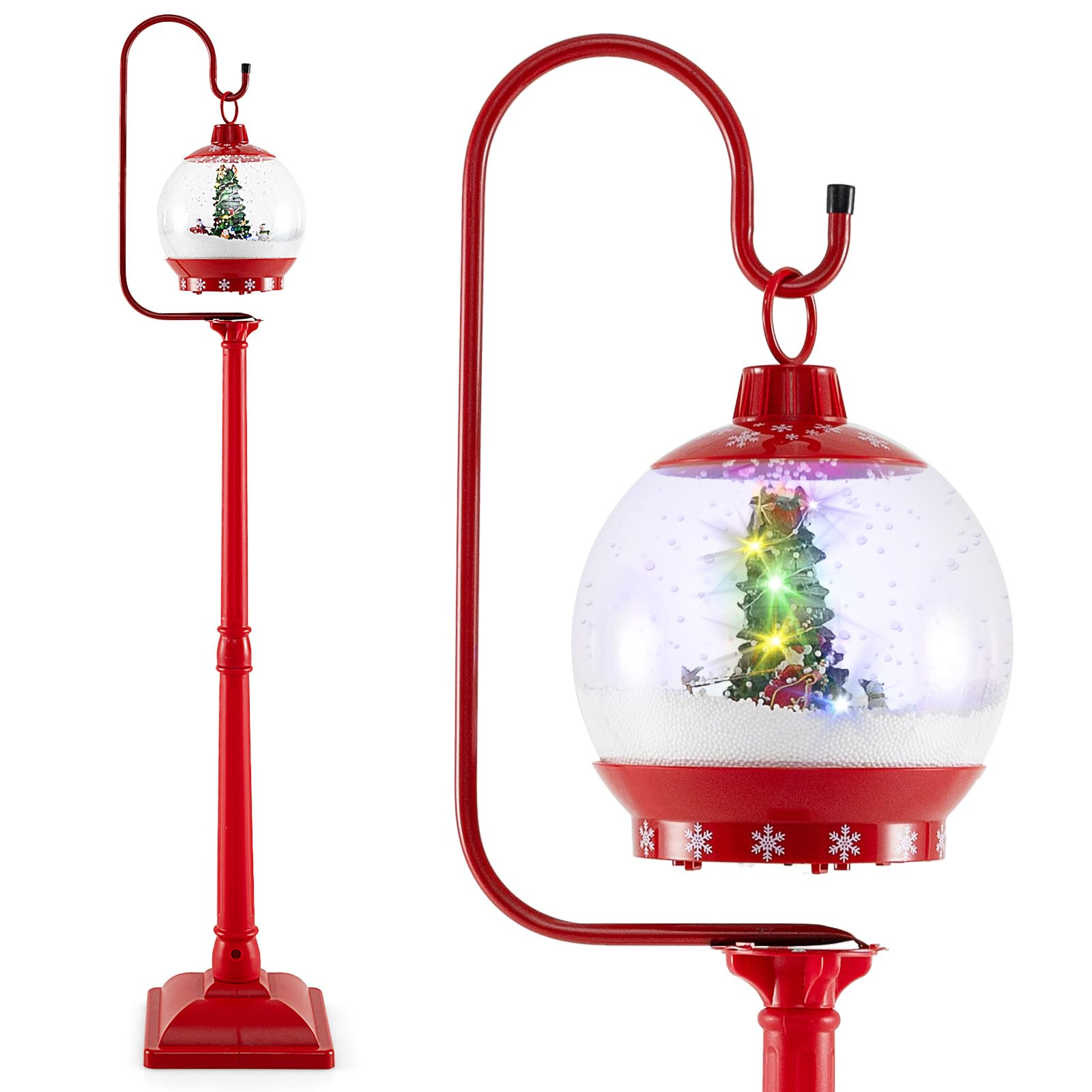 COSTWAY Lampadaire Musical de Noël de 173 cm, Lampadaire avec Lanterne à Boule de Neige Activée par Le Son Arbre Rotatif Père Noël Cerf Bonhomme de Neige, Décoration Lampe pour Maison Porche