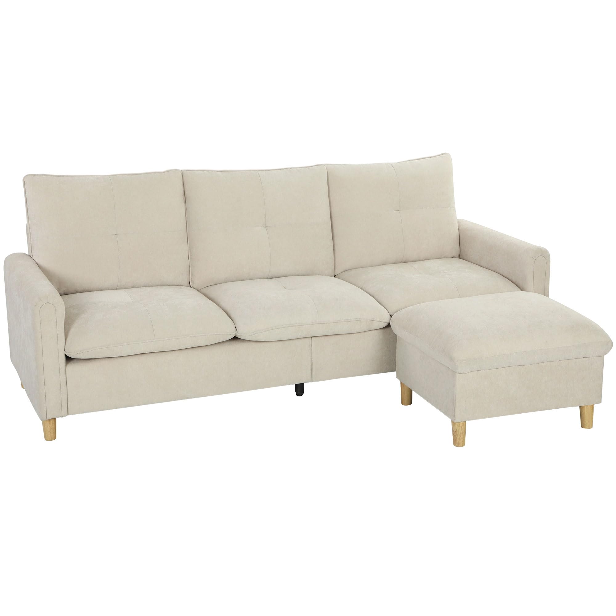 HOMCOM Divano a 3 posti con pouf portaoggetti divano angolare modulabile 210 cm moderno seduta ampia imbottita cuscini a molla, tessuto effetto lino, gambe in legno di albero della gomma, per | Ottomano di stoccaggio
