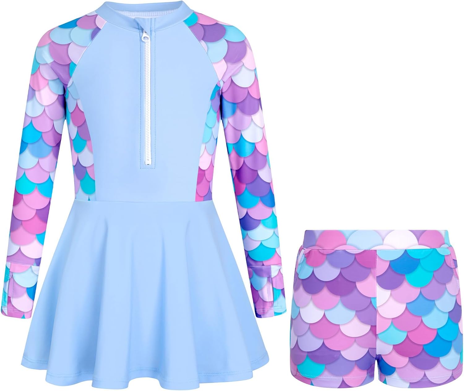 HOZIY Girls Long Sleeve Swimsuit Two Piece Rash Guard Dress with Swim Shorts Front Zip for Kids Tween Teens UPF 50+