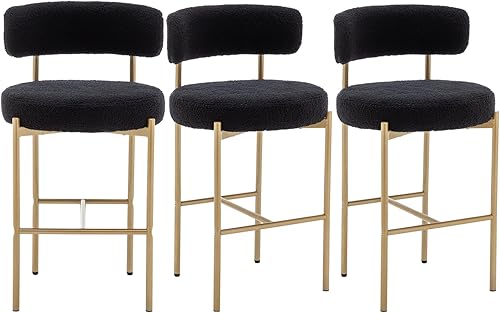 Vista 20 de Gold Boucle - Juego de 3 taburetes de bar modernos de 26 pulgadas con respaldo, taburetes de bar tapizados blancos para isla de cocina, pub, café