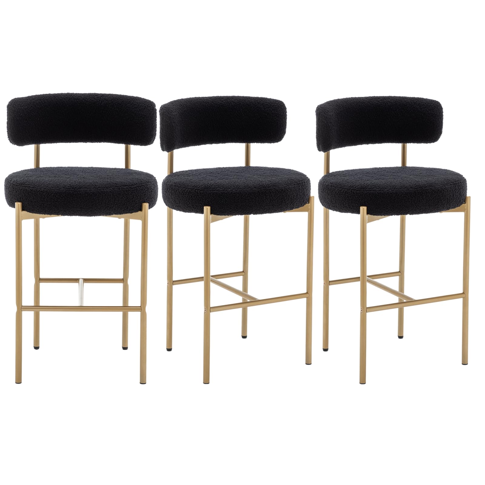 Canxkun Gold Boucle Bar Stools Set of 3, 26" Modern Counter Stools with Backs, Black Upholstered Barstools for Kitchen Island, Pub, Cafe