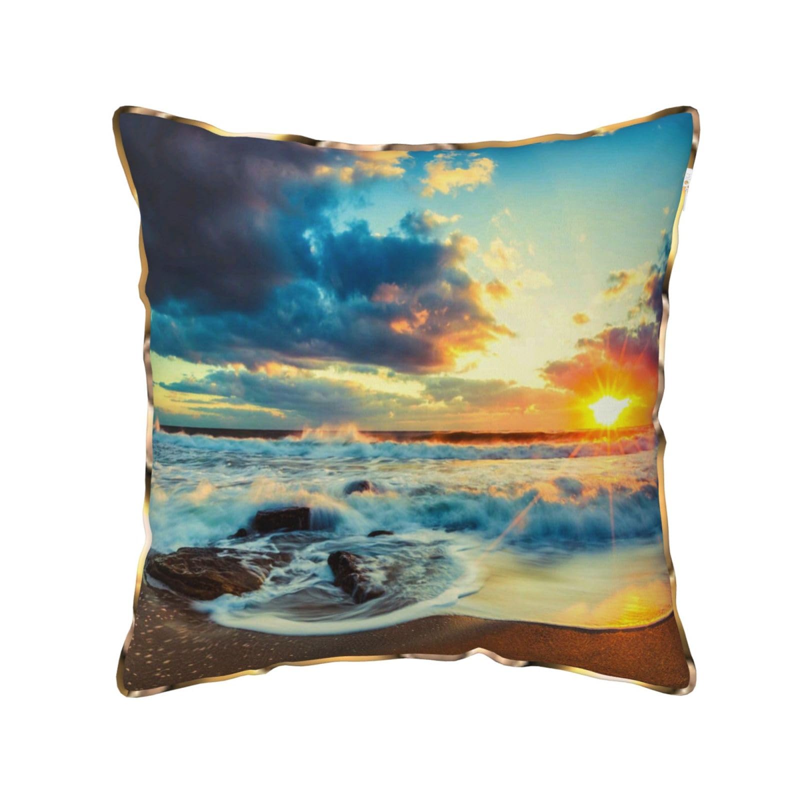 AUBKFELD Sunset beach Printed Velvet Cushion Cover 45x45 CM with Gold Edging Strip, Square Pillowcase Soft Throw Pillow Covers Case Decorative for Living Room Sofa Couch Bed Bench