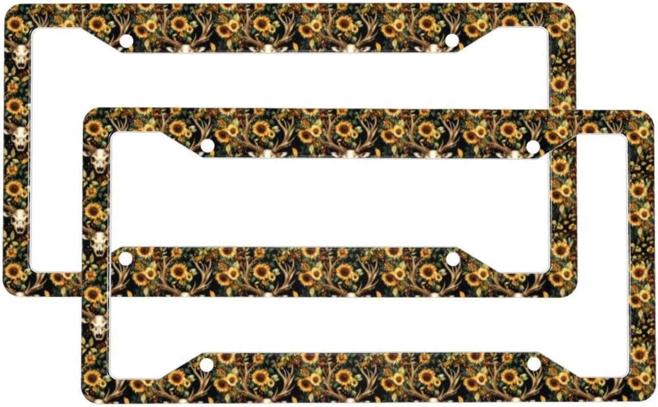 2 marcos de matrícula de automóvil para mujeres y hombres, diseño vintage de calavera de ciervo, girasoles, cubierta de aluminio sólido para placa