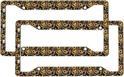 2 marcos de matrícula de automóvil para mujeres y hombres, diseño vintage de calavera de ciervo, girasoles, cubierta de aluminio sólido para placa