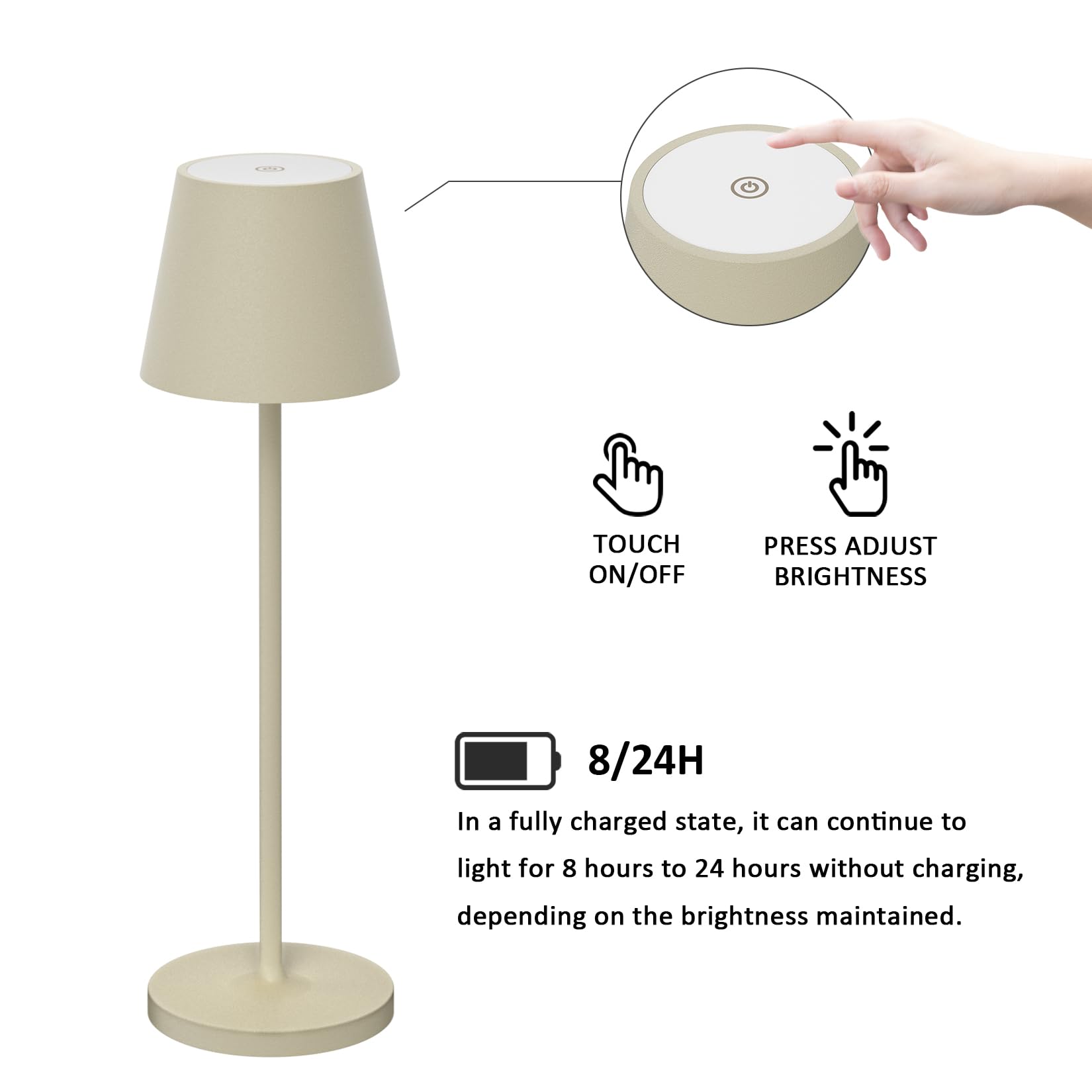 K-Bright Lampada LED Dimmerabile da tavolo in alluminio, H38cm，Ricaricabile Colore luce calda Per interni/esterni Lampada da tavolo con base di ricarica a contatto (Beige sabbia)