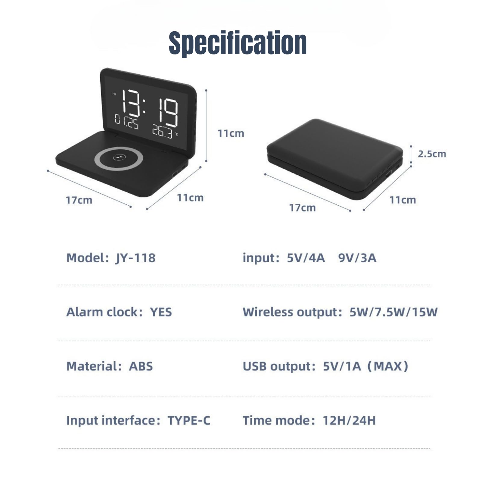 Sveglia Digitale con Stazione di Ricarica Orologio da Comodino Pieghevole 4 in 1 con Termometro Caricabatterie Wireless da 15 W, Sveglia con Ricarica Wireless Display a Specchio (Nero)