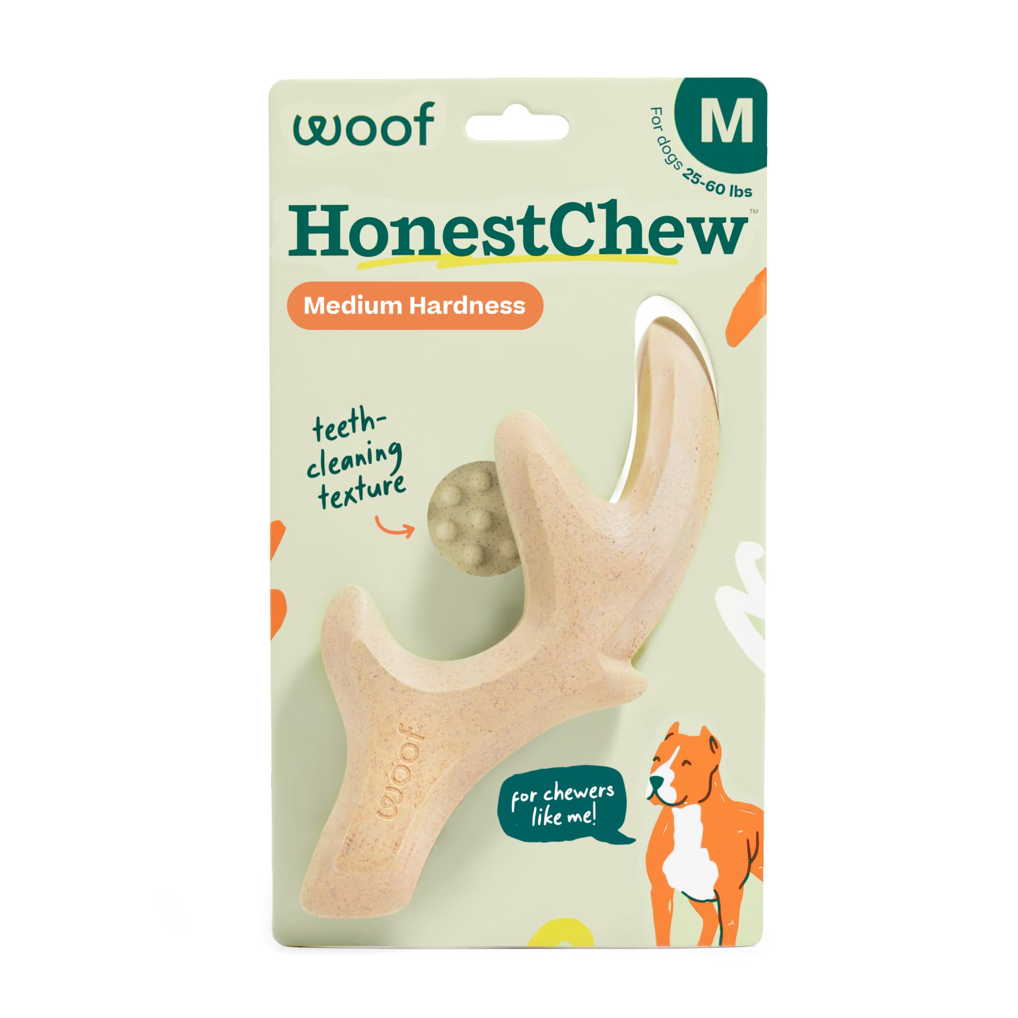 WOOF HonestChew Zabawka dla psa poroże, trwała zabawka do żucia dla psa, wykonana z naturalnych, roślinnych składników - odporna na zachlapanie - bezpieczniejsza niż kości psa, średnia