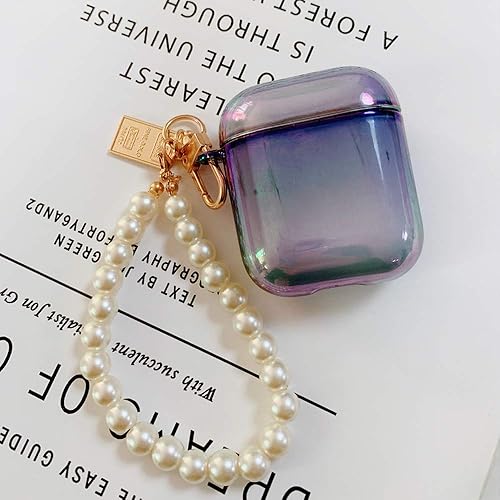 Miniatura 2 de Ownest Funda compatible con AirPods con llavero de perla, diseño de arco iris con purpurina, linda funda rígida de policarbonato para Airpods 2 y 1,