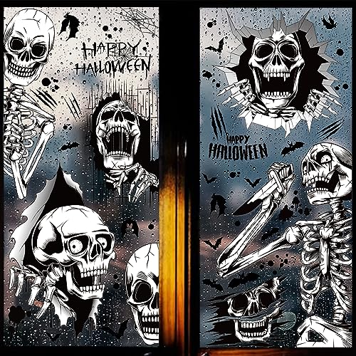 Tuzuaol Halloween Window Clings Decals, 3D Double-Side Hand-Drawn Scary Skeleton Stickers for Glass Window Party Decorations