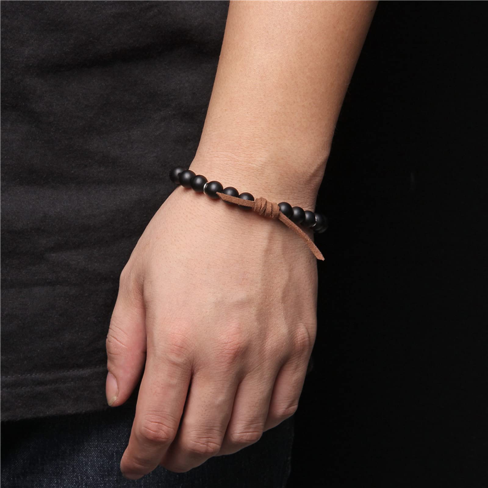 LYGBAOFUL Onyx Stein Armband Herren Braun Schwarz Lederarmband Naturstein Armband Damen Heulend 19cm