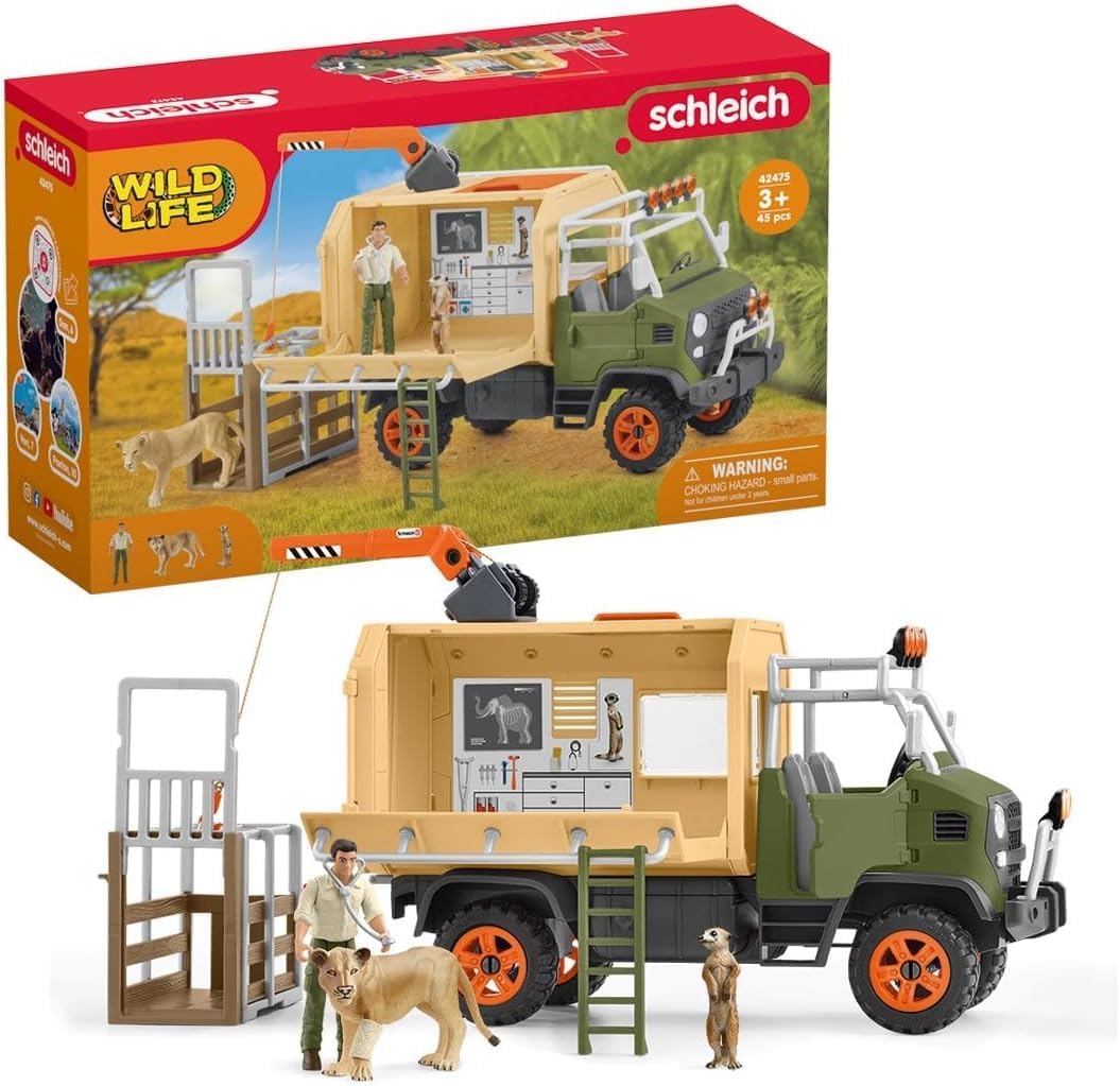 Schleich Wild Life – 45 PC Animal Rescue Toy Truck Playset – With Ranger Tom Action Figure, Lion and Meerkat Figures – Screen-Free Safari Adventure Play Set – Wild Animal Toys for Kids Ages 3+ | 42475