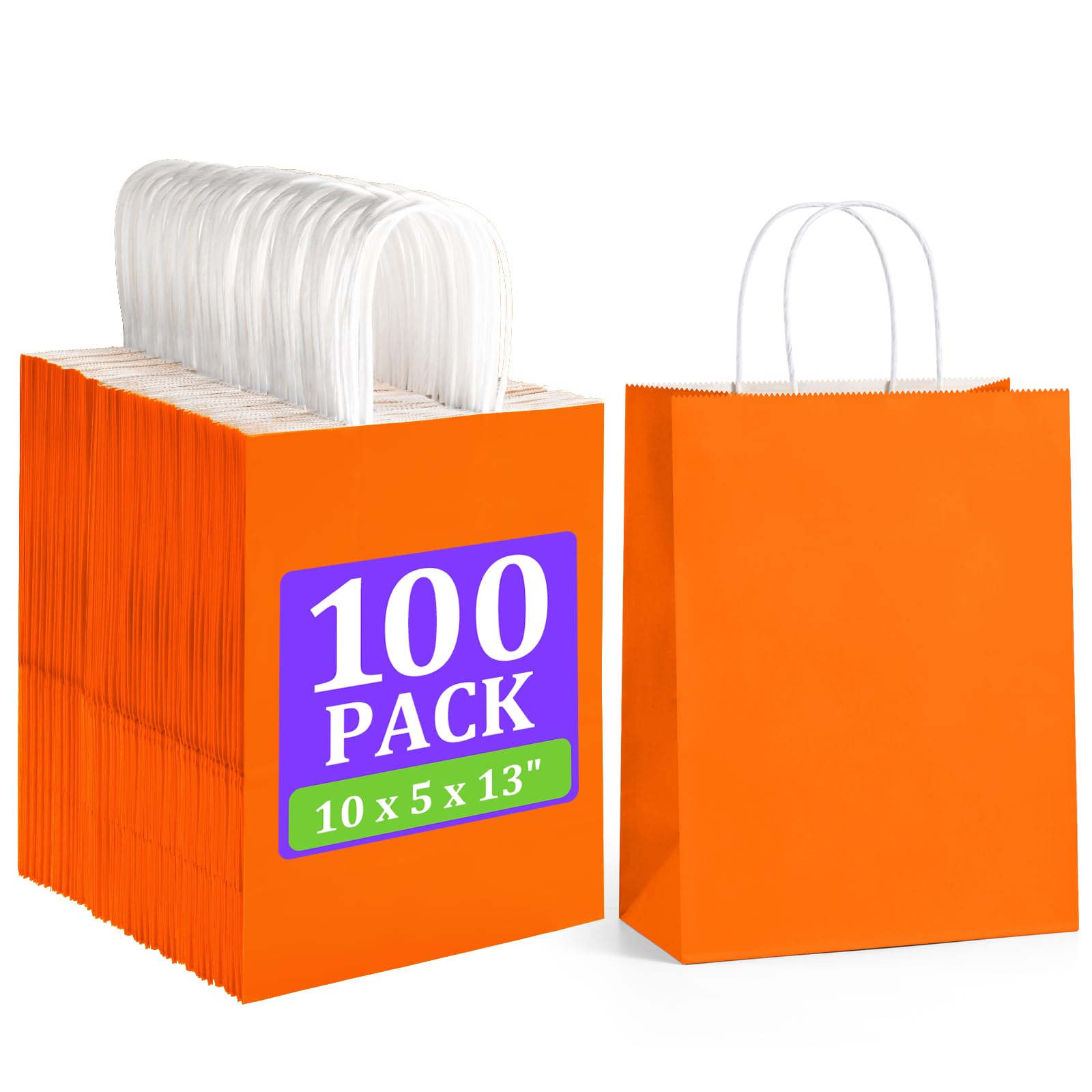 BagDream Orange Gift Bags 10x5x13 Large Kraft Paper Bags with Handles Bulk for Halloween, Sporting Party Favors, Fall Festivals, Shopping, Retail, Grocery Paper Sacks 100Pcs