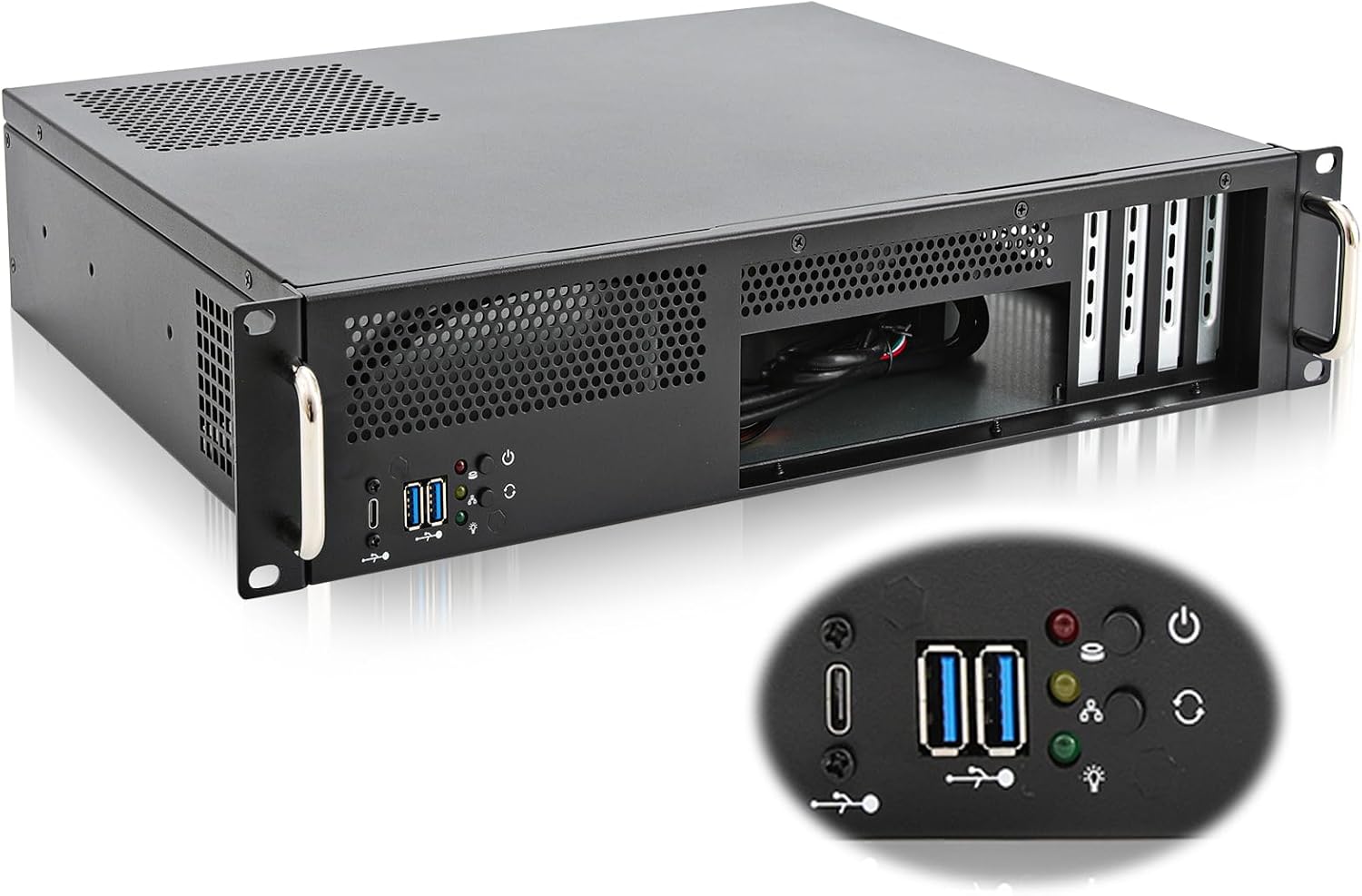 RackChoice 2U Server Chassis Short Depth 14.17" Front I/O with 2 x 3.5“ (int.) mATX M/B,Support ATX PSU with Either top or Side Cooling