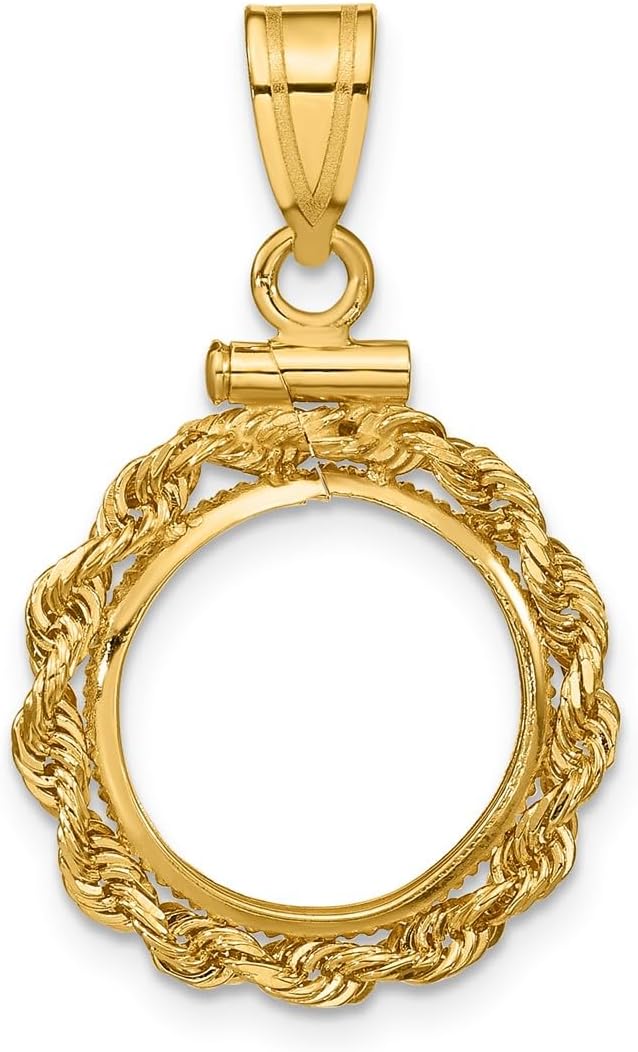 10k Yellow Gold Polished Rope 13.0mm x 1.1mm Screw Top Coin Bezel Pendant - Fits 2 Pesos