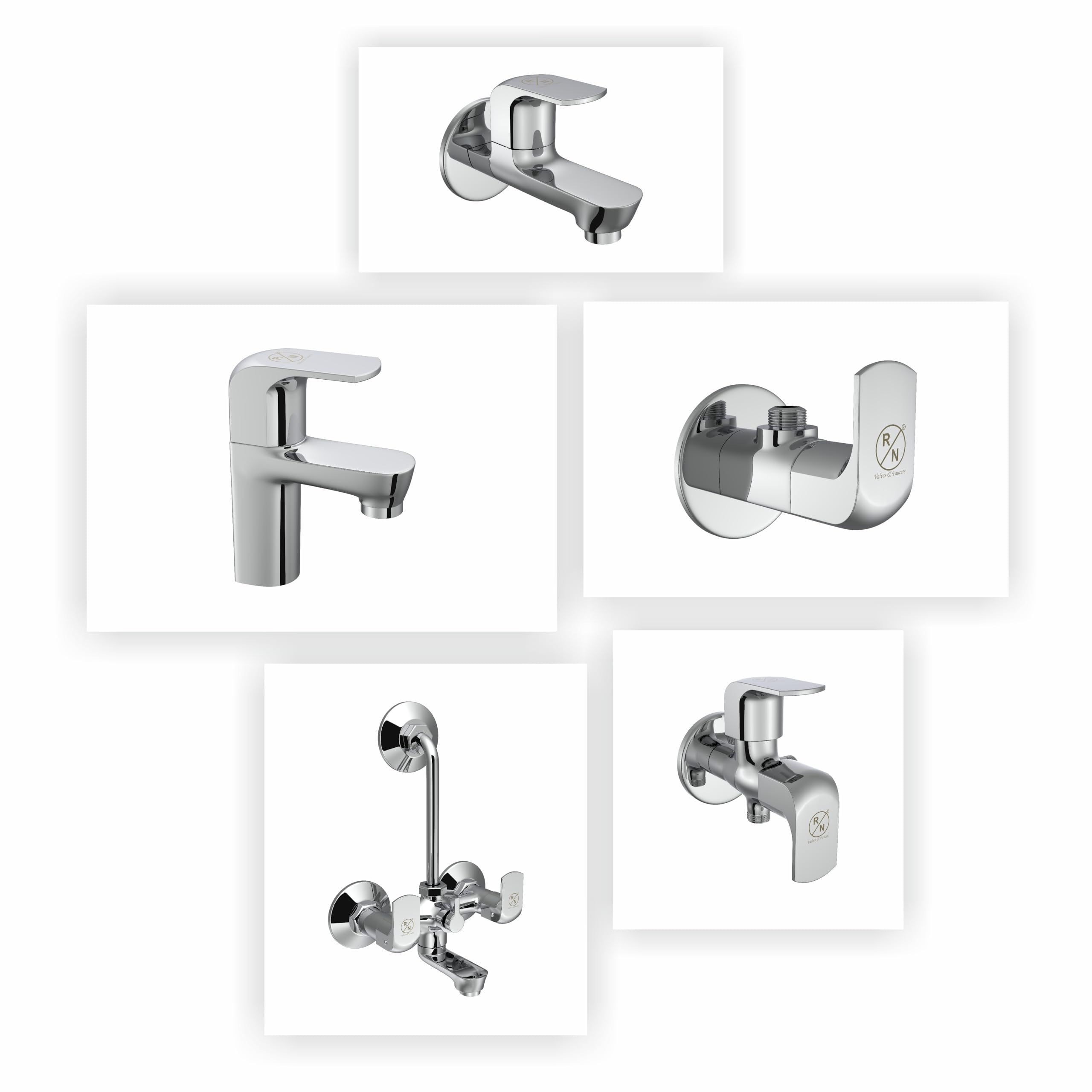 RN Brass Bath Set | Complete Bathroom Solution | Long Body Bib Cock, Angle Cock, 2 Way Angle Cock, Pillar Cock, Wall Mixer with L Band, with Accessories Solitaire Collection (CP)