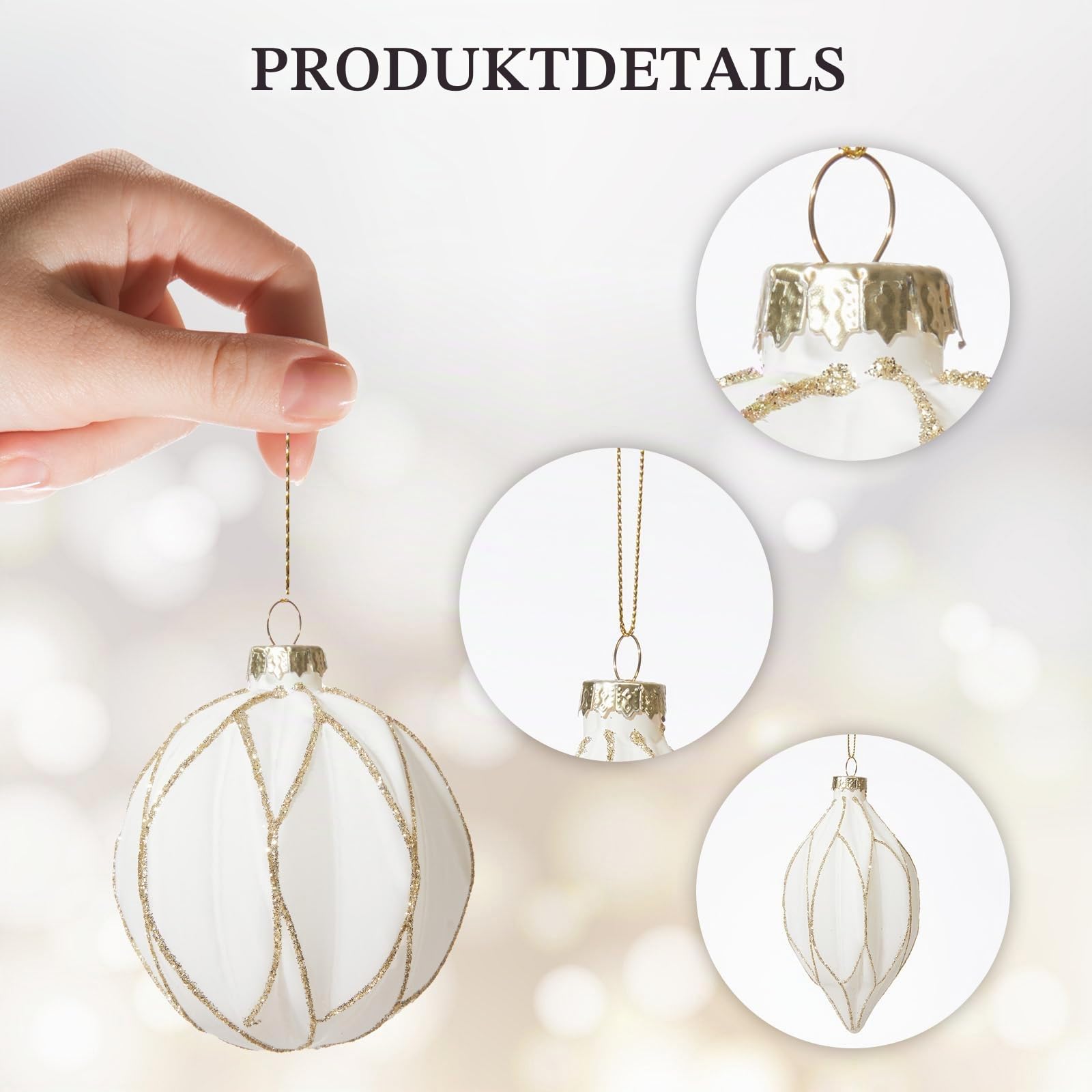 DN DECONATION Weihnachtskugeln Set, 9-teilig - Weiß Gold Christbaumkugeln | mit Linien Design, Glaskugeln mit Goldverzierungen für Tannenbaum Dekoration, Vintage Weihnachtsbaumschmuck