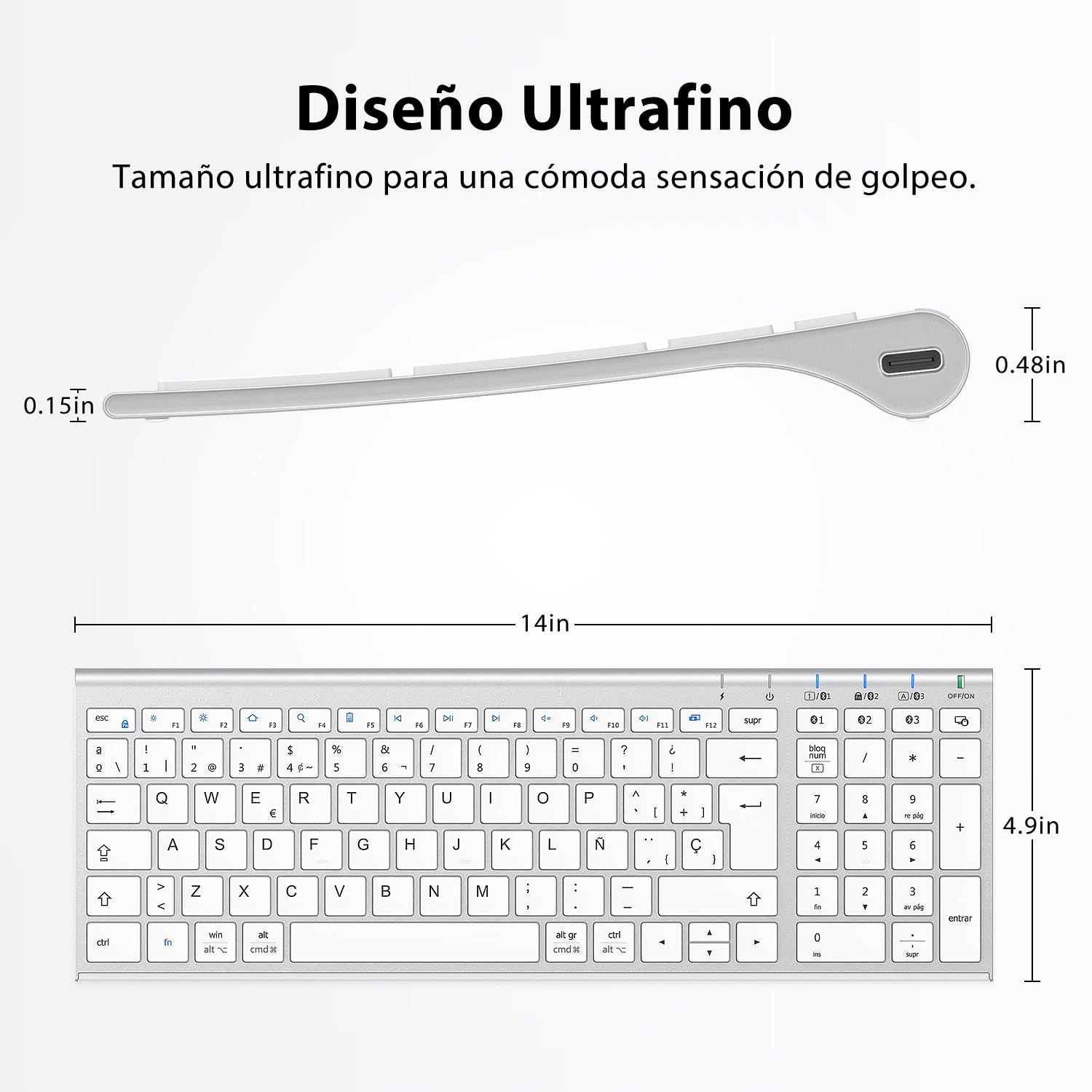 iClever BK10 Teclado Bluetooth Inalámbrico, Teclado QWERTY Español Tamaño Compacto, Diseño Ergonómico, Recargable, Compatible con Mac, iPad, iOS, Android, Windows 8/10/11, Conexión Estable