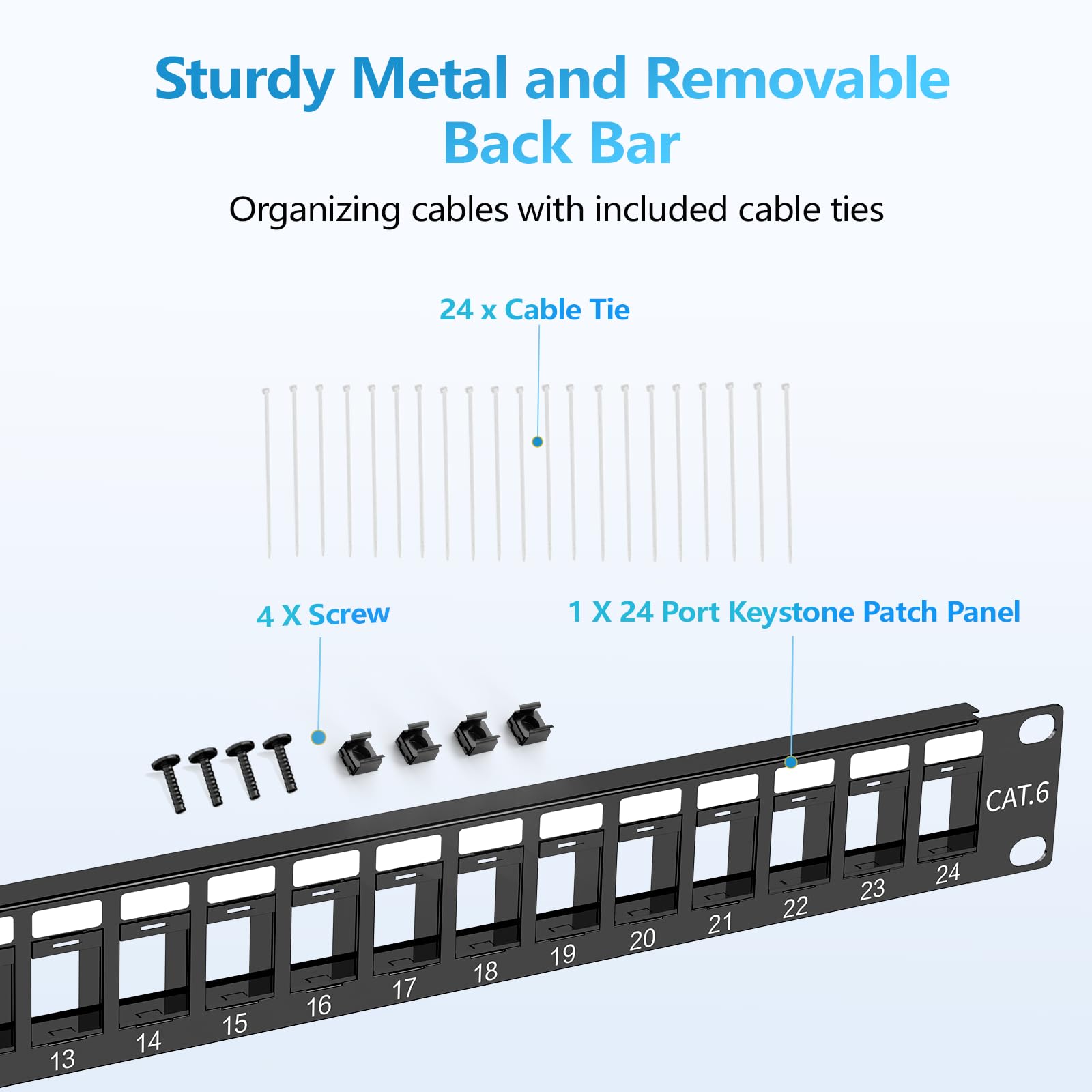 CableGeeker Panel de conexión Keystone en blanco de 24 puertos con diseño a presión, panel de conexión de red Cat6 1U de 19 pulgadas, panel de conexión Ethernet para montaje en rack o pared con