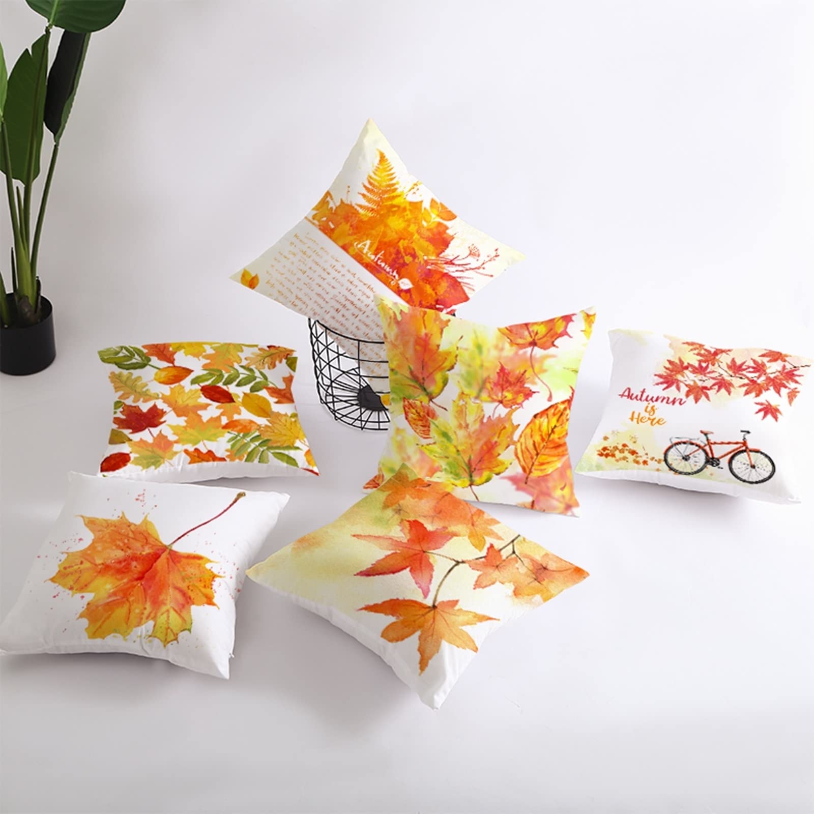AmDxD Juego de 4 fundas de cojín navideñas de 50 x 50 cm, con estampado de hojas otoñales, en poliéster, para casa, salón, dormitorio, oficina, decoración de sofá, naranja, verde y marrón