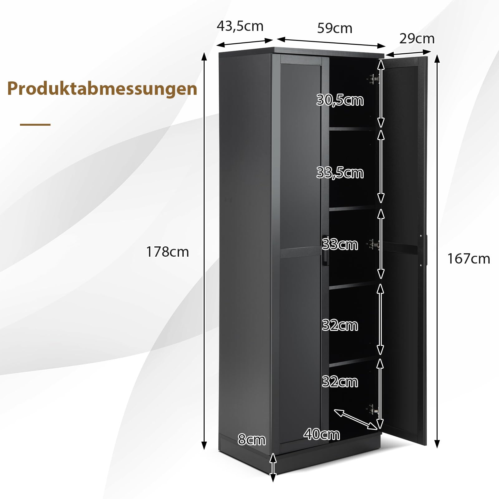 COSTWAY 5 stöckiger Küchenschrank 178cm, Hochschrank Küche mit 2 Türen & verstellbaren Regalen, Vorratsschrank freistehend, Aufbewahrungsschrank für Küche, Schlafzimmer, Badezimmer (Schwarz)