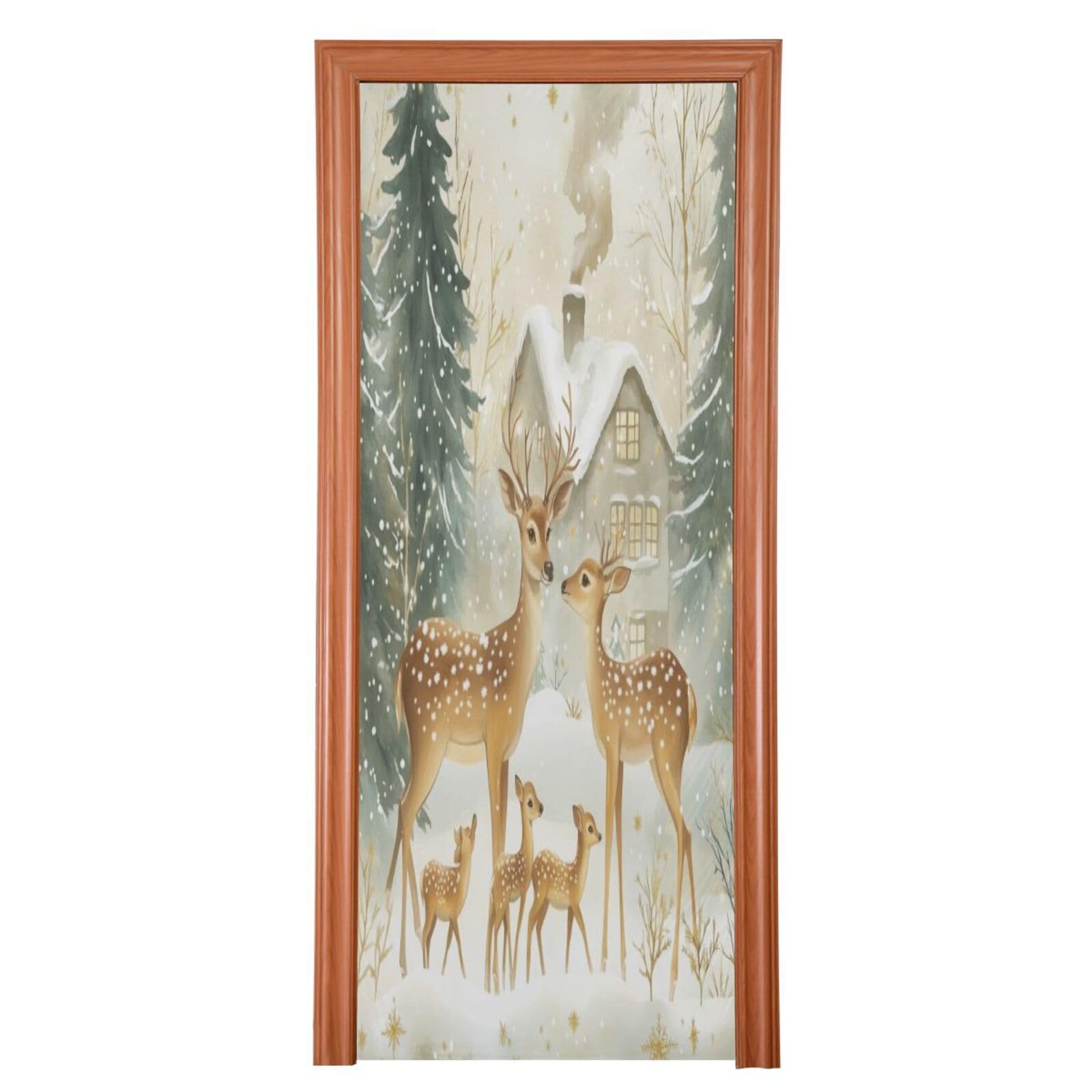 J JOYSAY Snowy Winter Deer Door Decorations Door Cover Christmas Decoration Xmas Front Door Cover Decoration for Home Classroom Door,35x79 in