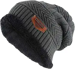 Gorro de tricô masculino de malha de inverno gorro despojado grosso forrado com lã (cinza escuro)