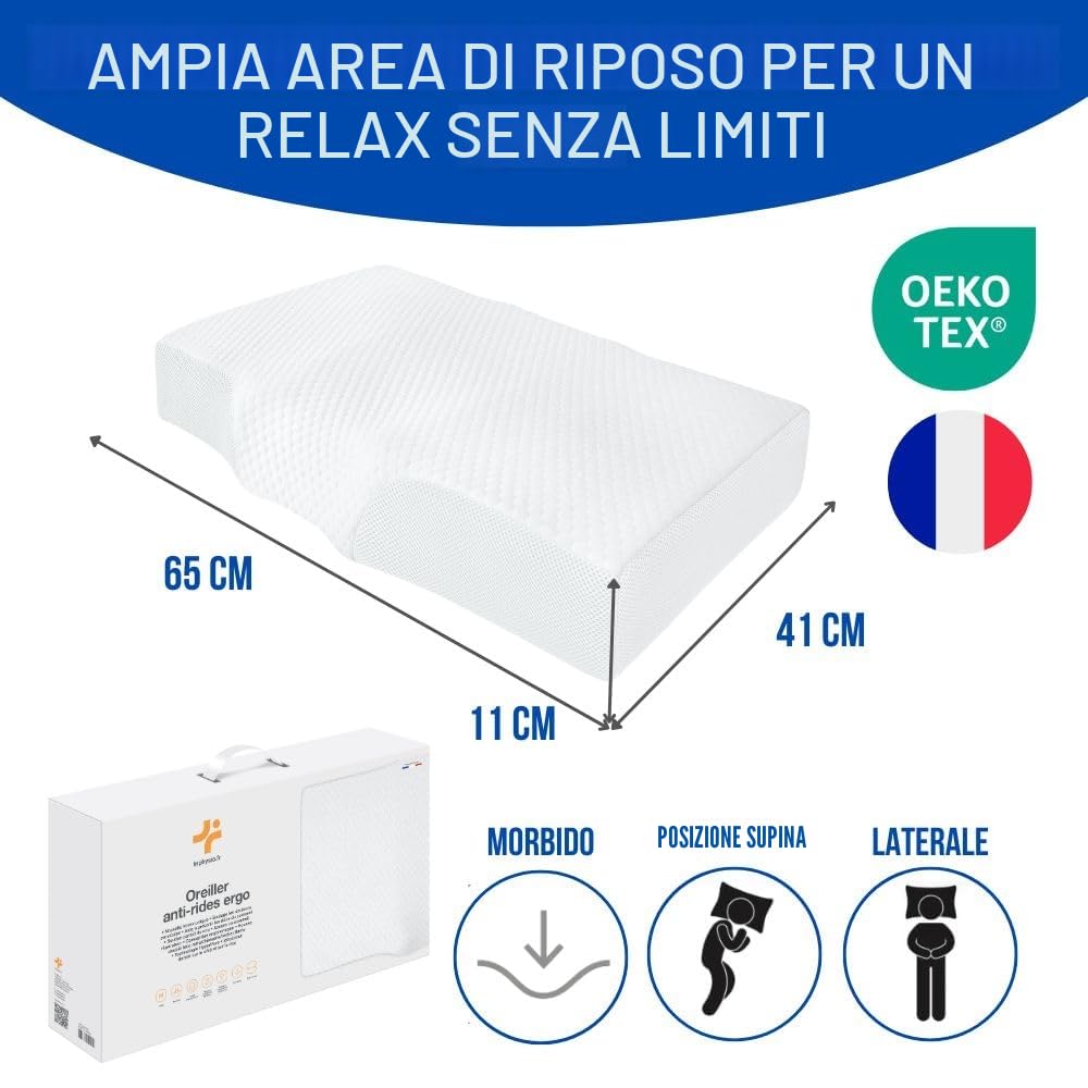 Inphysio® Cuscino Antirughe, Anti-Invecchiamento, Cuscino Ergonomico Cervicale, Cuscino Memory Foam, Cuscino per Cervicali Dolenti, Copertura a Doppia Faccia Rinfrescante/Riscaldante, 65 x 41 x 11 cm
