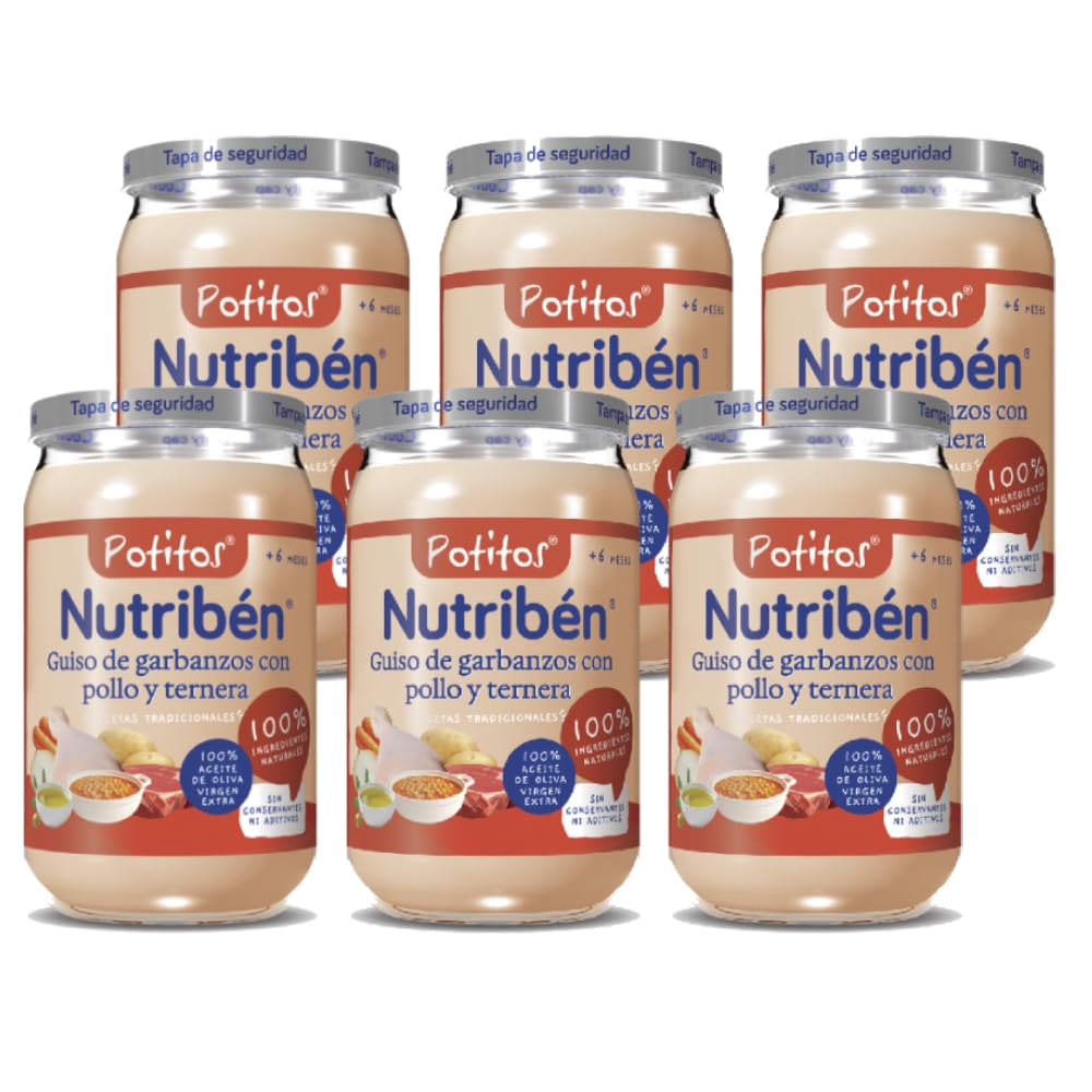 Nutribén Potitos de guiso de garbanzos con pollo y ternera Pack 6 x 235 gr Desde los 6 Meses Sin gluten