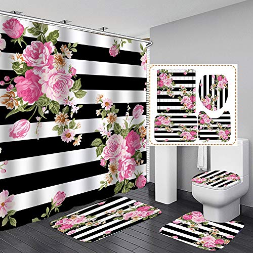 Hankyky 4Pcs Rose Duschvorhänge Set mit rutschfesten Teppichen,Toilettendeckel und Badematte Blumenblüte auf gestreiftem Hintergrund Wasserdichter Stoff Badezimmer Wohnkultur Set mit 12 Haken