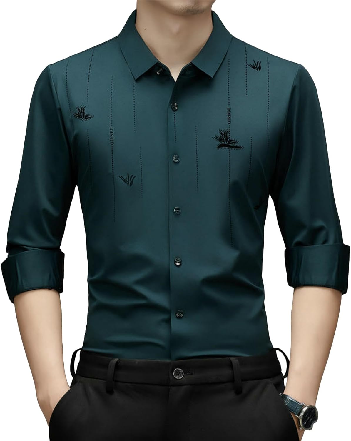 Men's Spring Middle-Aged Business Casual Seamless High Elastic Printed Long Sleeve Shirt