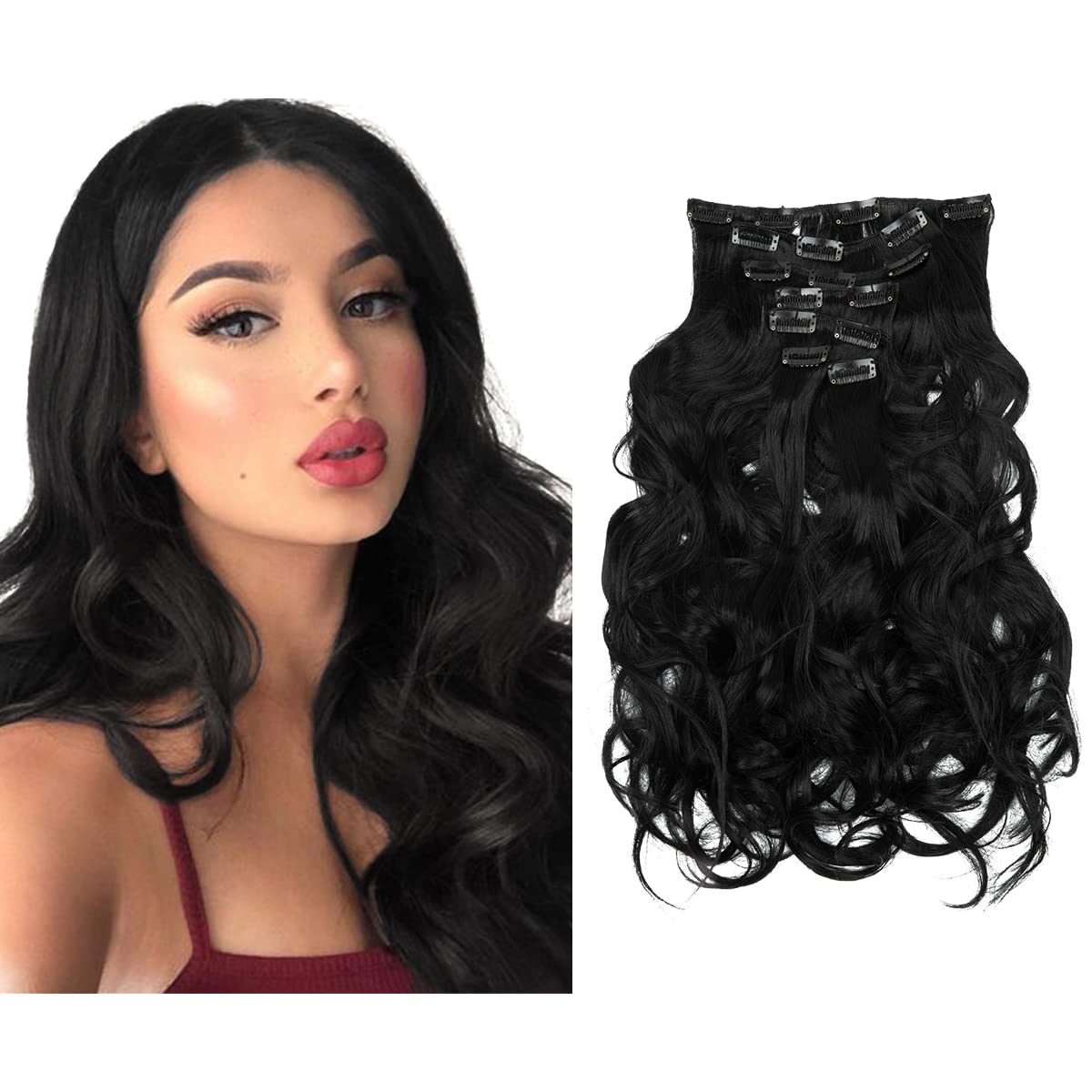 Full Head Wavy Clip In Hair Extension 7 Piece, Black