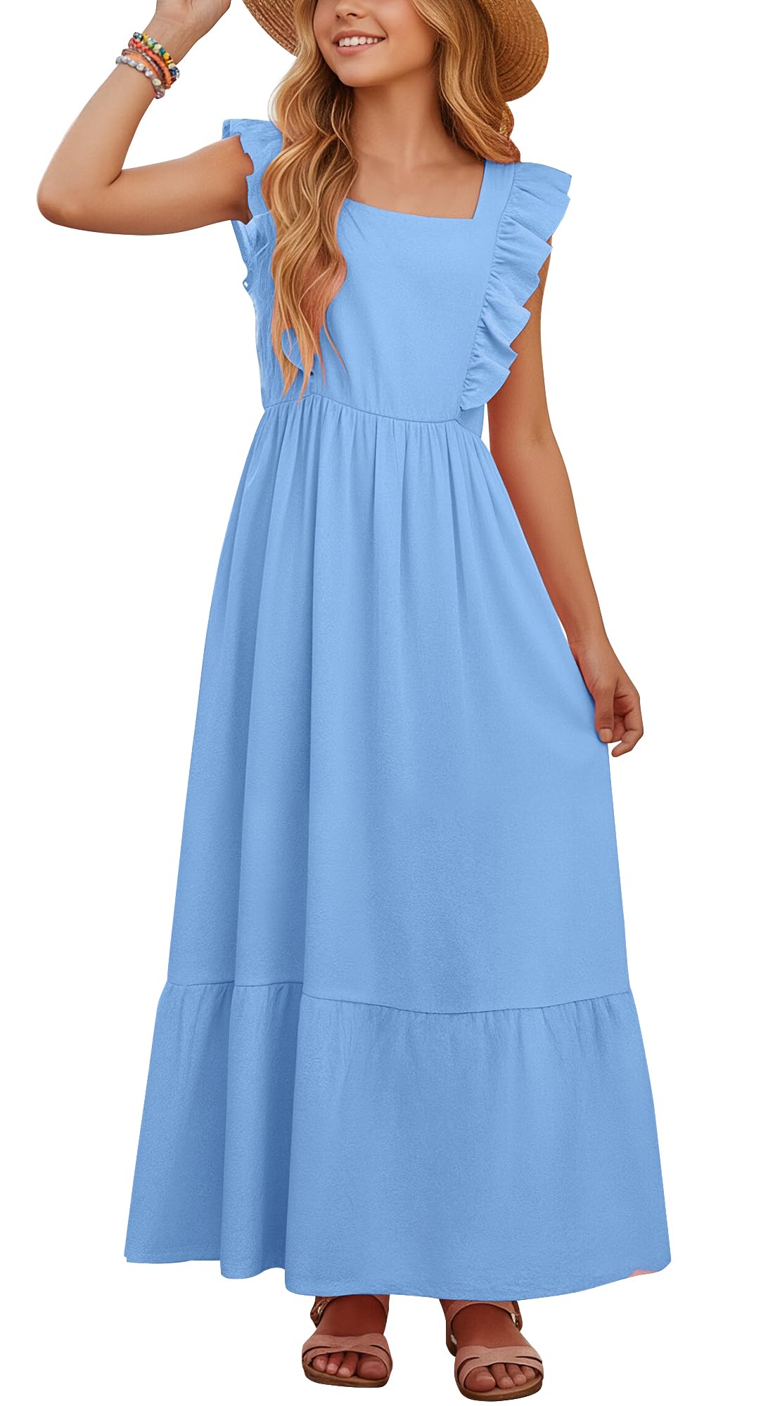 Happy Cherry Sommer-Maxikleid für Mädchen, Rüschenärmel, quadratischer Ausschnitt, rückenfrei, Fliege, fließendes A-Linien-Sommerkleid