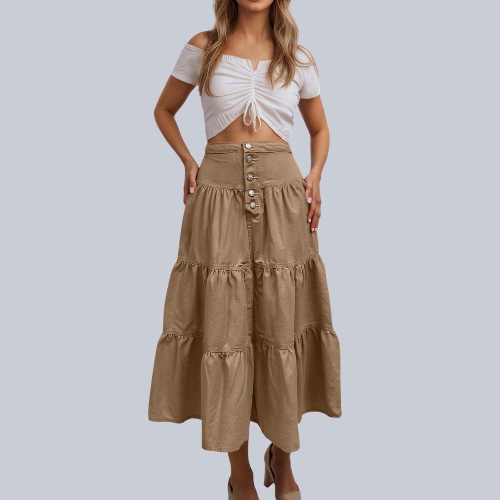 Generico Gonne Estive da Donna,Gonna Lunga in Denim da Donna A Vita Alta con Volant Fluenti Plissettata A Strati per Outfit Casual da Strada E per Le Feste