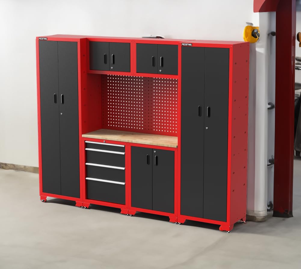 Werkstatteinrichtung | Werkzeugschrank Juno 14 | inkl. Lochwand | Schwarz/Rot | 264x46x198 cm