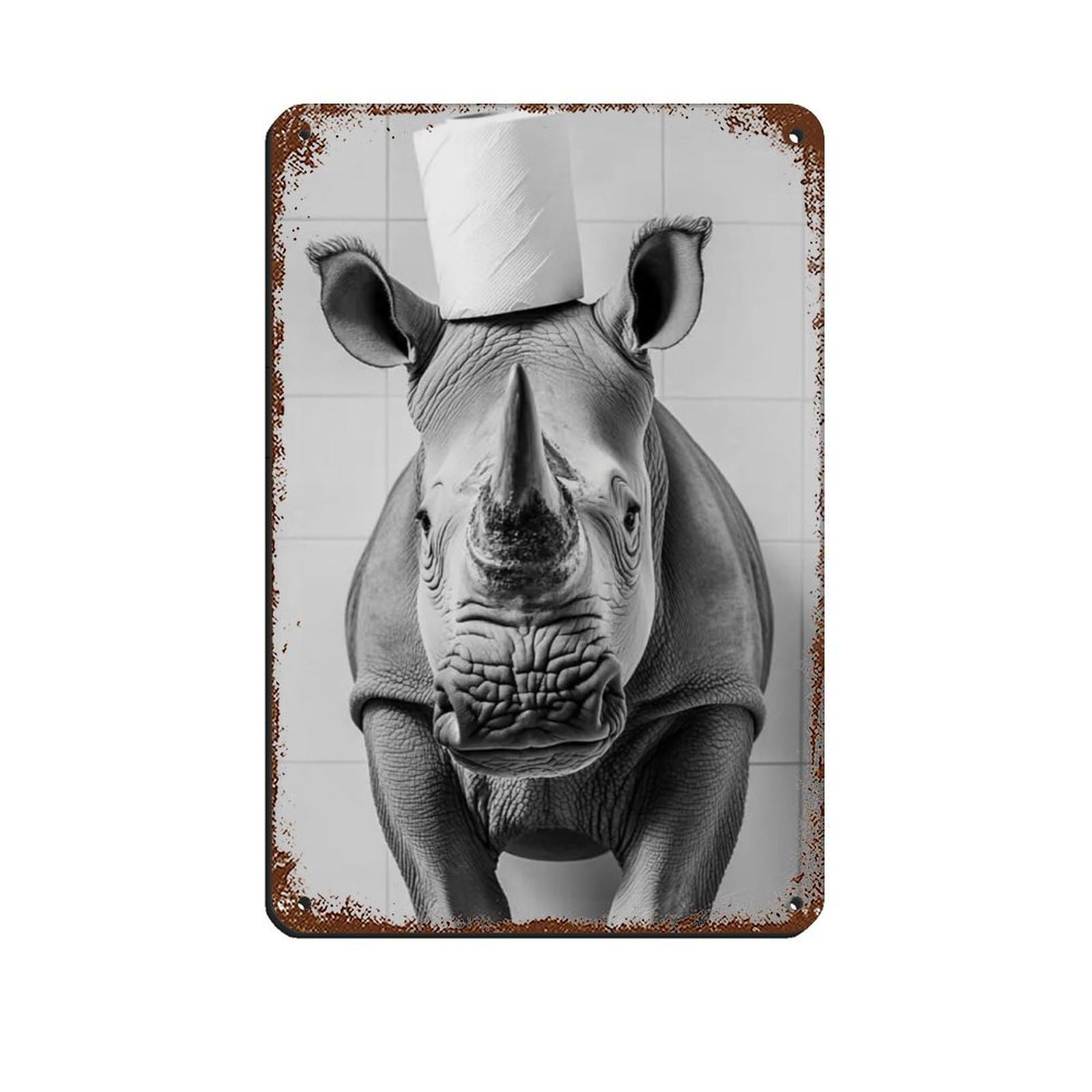 Rhino with A Toilet Paper Roll on Head Retro Poster Metal Tin Sign Chic Art Retro Iron Painting Bar People Cave Cafe Family Garage Poster Wall Decoration 8x12inch(20x30cm)