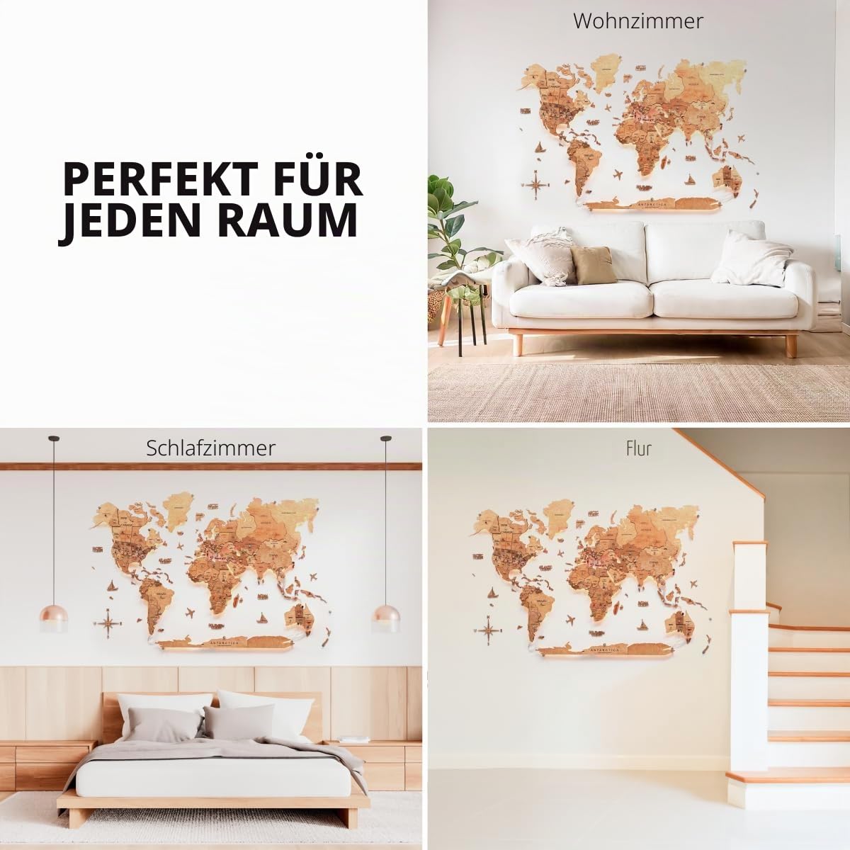 Enjoy The Wood 3D Holz Weltkarte mit LED 3.0 - Moderne dekorative Wandkunst für Zuhause - LED Beleuchtung Geschenke für Wohnkultur (Oak)