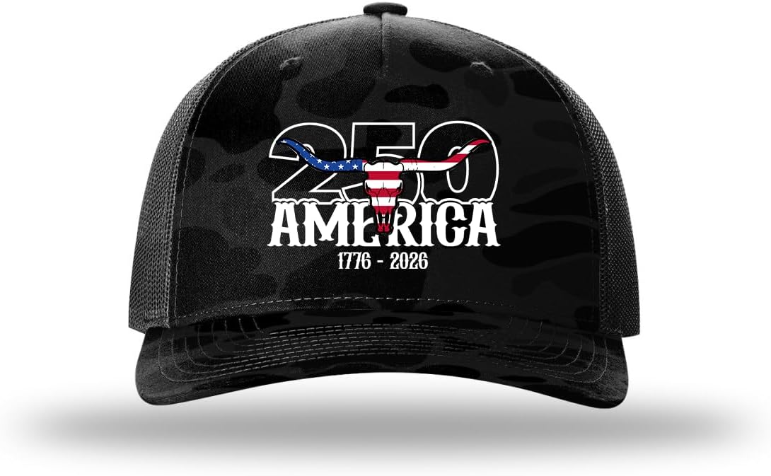 Trenz Shirt Company Men's Patriotic USA Flag Filled Bull Skull 250th Anniversary Men's Embroidered Mesh Back Trucker Hat