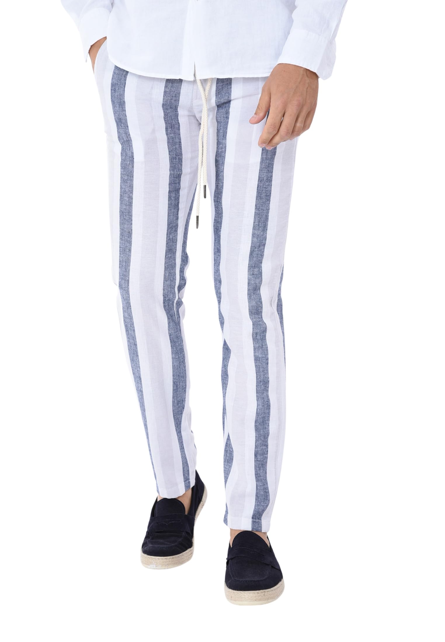 Pantaloni Lino Uomo Estivi a Righe Pantalaccio Eleganti con Laccio in Vita a Fantasia