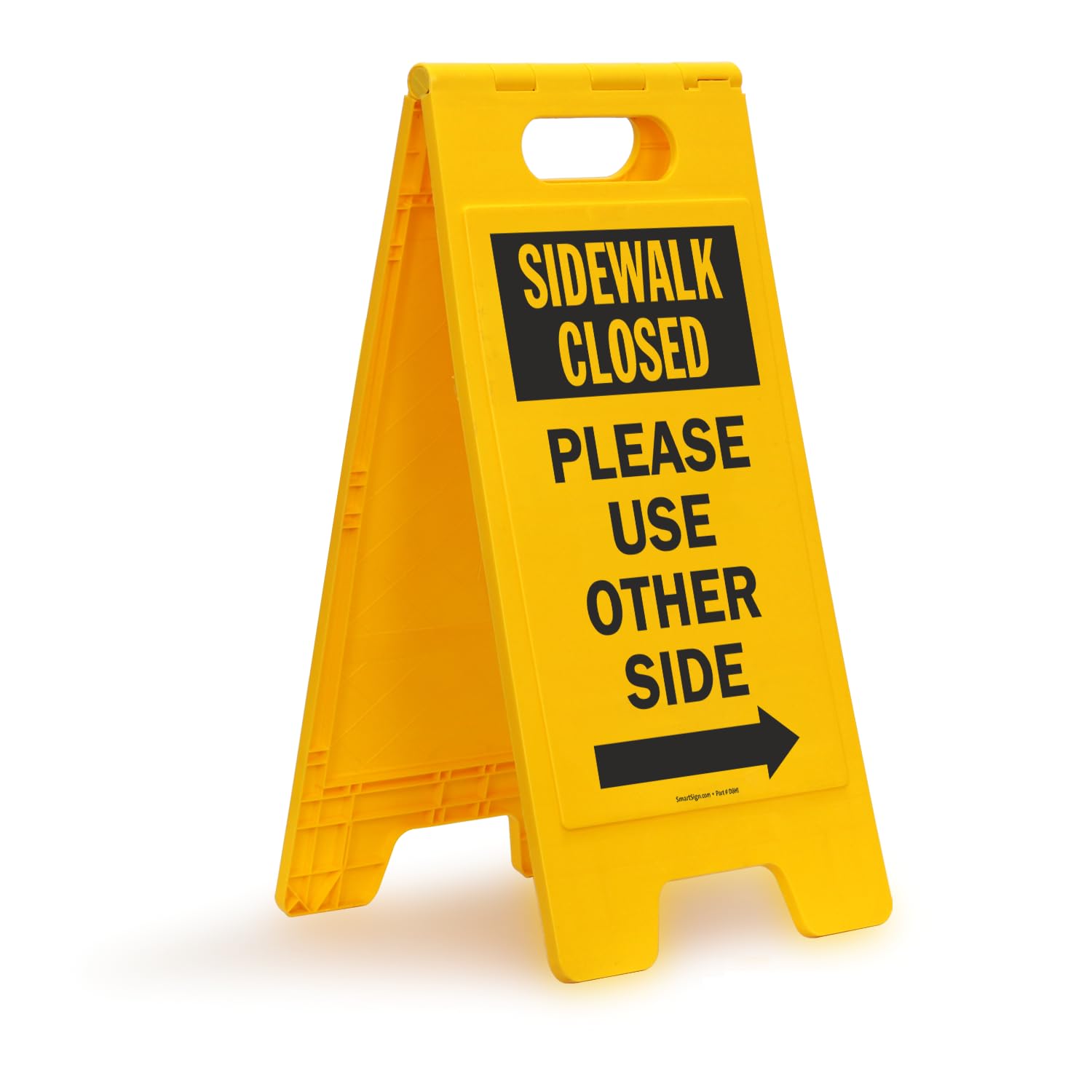 SmartSign 25 x 12 inch “Sidewalk Closed - Please Use Other Side with Right Arrow” Two-Sided Folding Floor Sign, Plastic, Black and Yellow