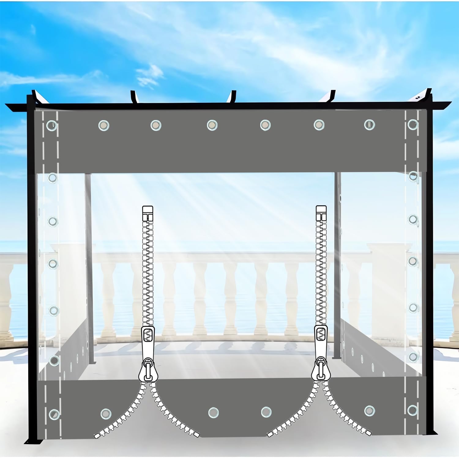 Otiga 2Zip-Grey Clear Waterproof Tarpaulin Curtains With Grommets,Heavy Duty Transparent Tarpaulin With Zipper,Outdoor Side Panels For Pergola/Patio/Porch/Gazebo,（Height X Length）2X4m/6.56X13.12ft