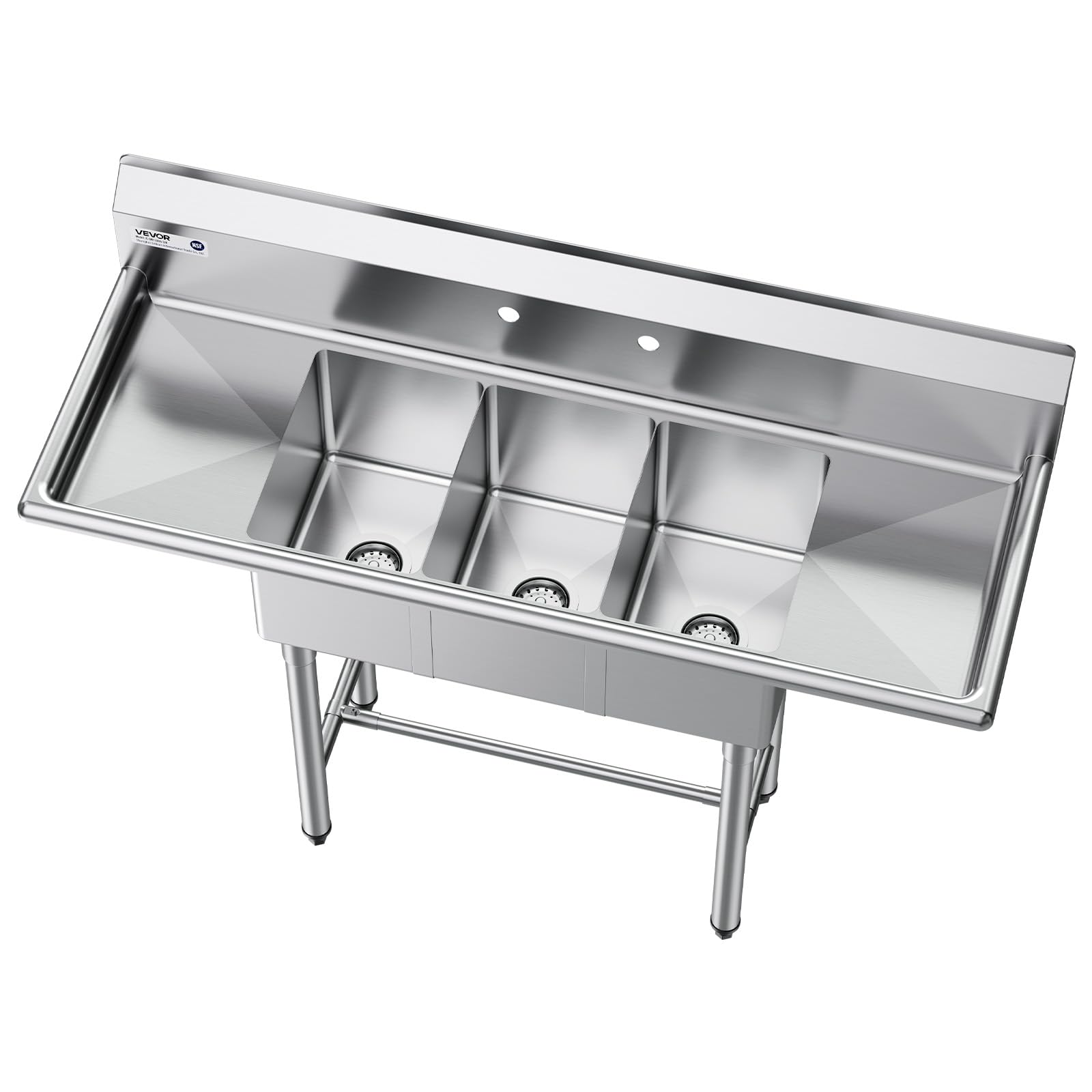 VEVOR Spülbecken mit 3 Becken & 2 Abtropfflächen & Spritzschutz, Küchenspüle (1372 x 508 x 1097 mm), Küchenspüle für Restaurants Imbisswagen Privaten Gebrauch, Edelstahlspüle Silber