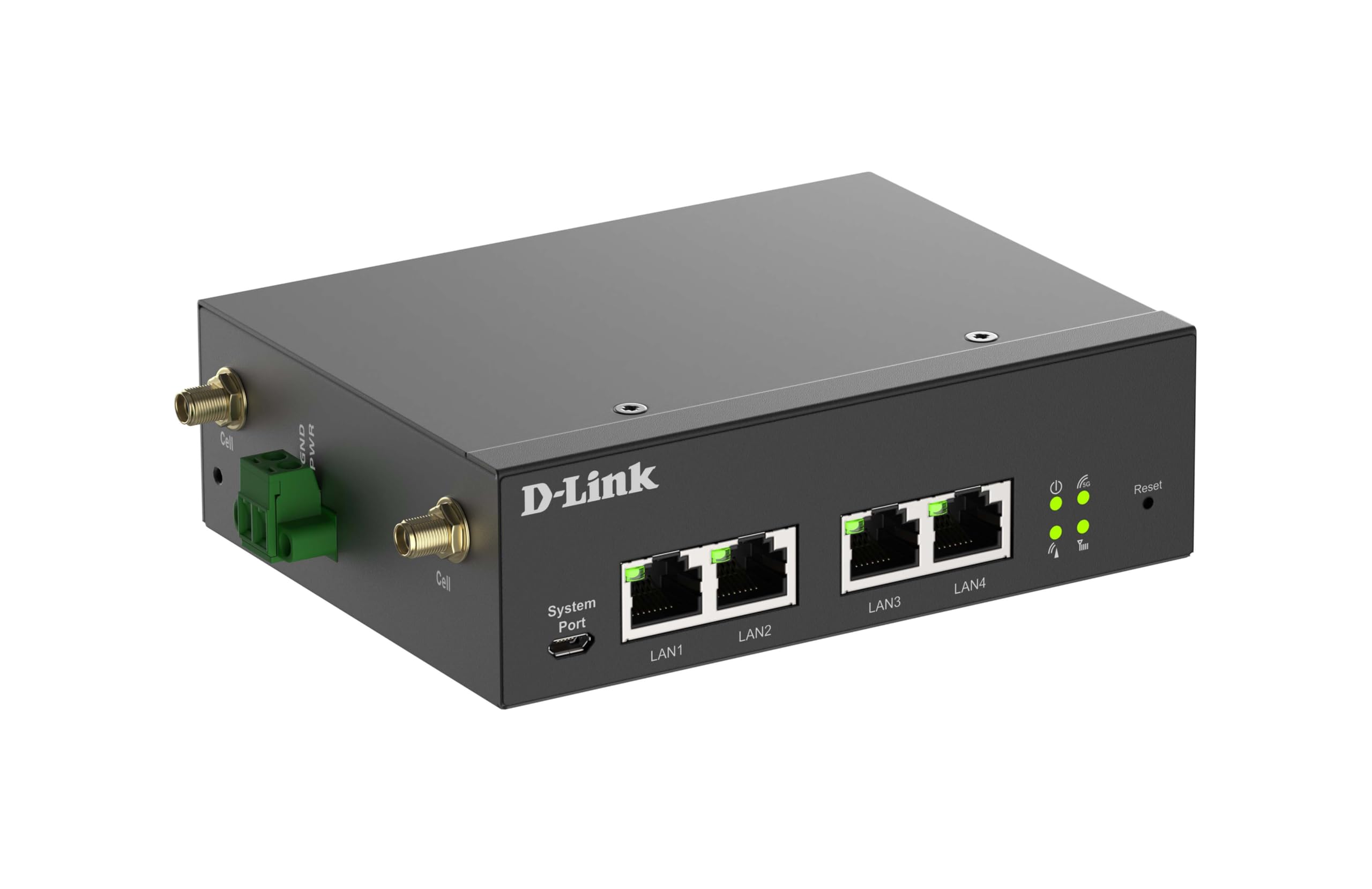 D-Link DWM-314-G Modem routeur Industriel 5G VPN M2M, NR Robuste, Double SIM, passerelle IoT, Surveillance à Distance, SA, NSA, 4G LTE Cat 19, 4 Ports GbE, Client OpenVPN/WireGuard, 9-36 V CC