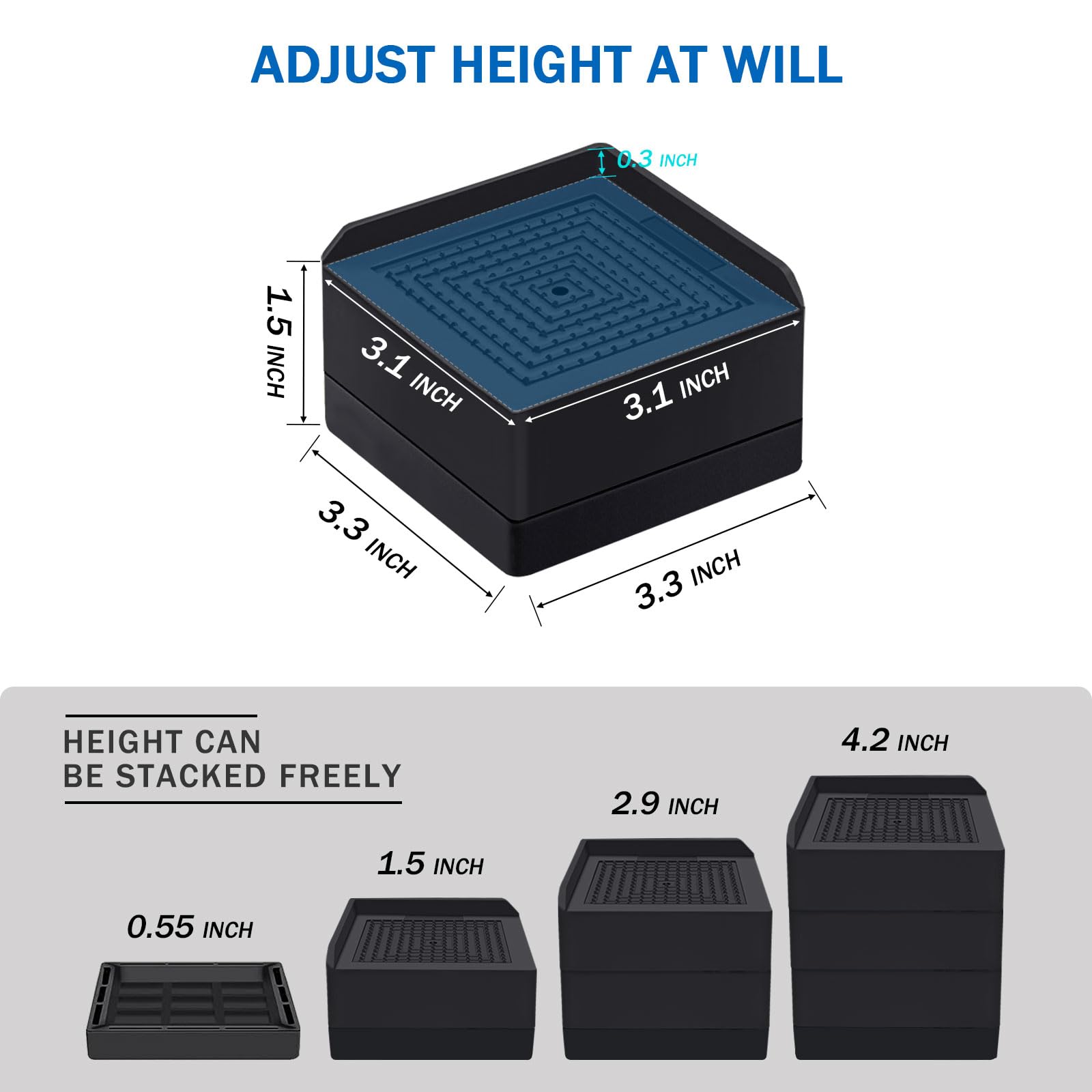 Pack Of 4 Heavy Duty Bed & Furniture Risers - Adjustable 1.5 Inch Lift, Supports 1300 Lbs, Stackable, Non-Slip For Beds, Sofas, Couches (Black, Rectangle) - View #2