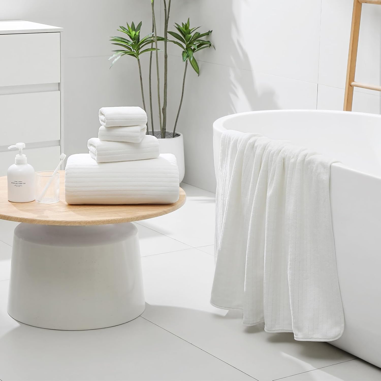 YTYC 39x78 Bath Sheets Extra Large Bath Towels Set Super Soft Absorbent Striped Microfiber Oversized Bathroom Towels Hanging Loop - White,1 PCS